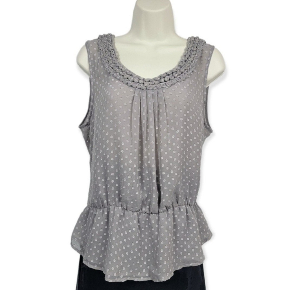 NEW Black Rainn Grey Polka-dot‎ Chiffon Sleeveless Blouse Top Size Large